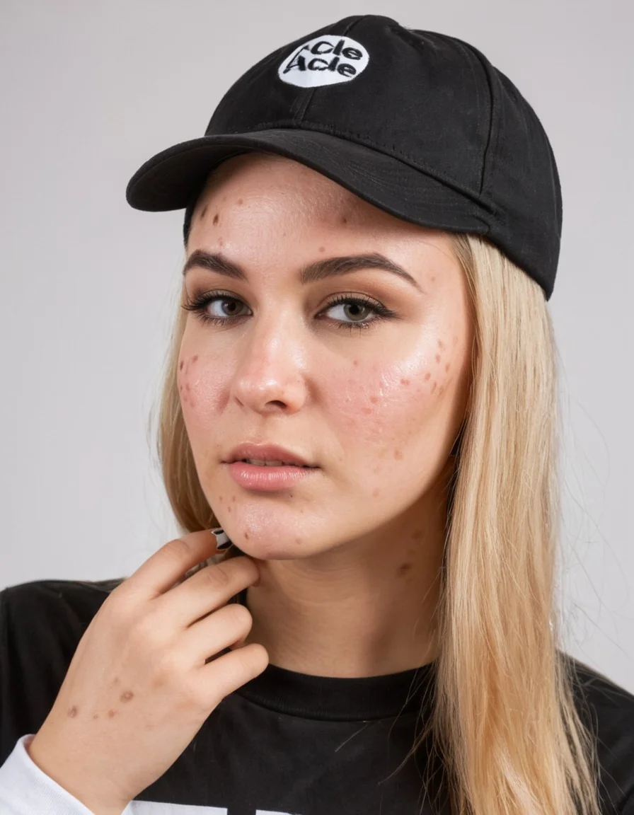 female dj with make up. dressed in a hardstyle outfit, wearing a cap, <lora:275FAB00CB:0.3> Detailed natural skin and blemishes without-make-up and acne