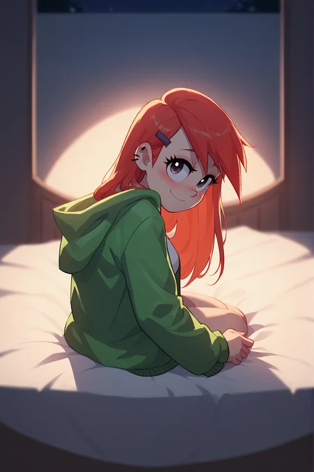 score_9,score_8_up,score_7_up, FrankieFoster, solo, long hair, open hair, full body, sitting on end of bed, looking at viewer, shy smile, depth of field, blushing, beautiful, green jacket, green hoodie, head tilt, night, dimly lit, romantic,<lora:FrankieFoster-09:1>