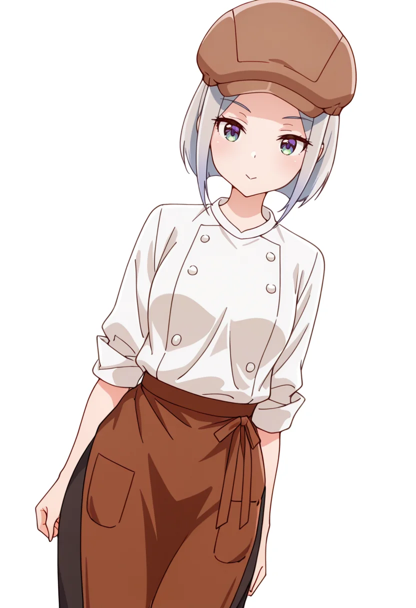 masterpiece,high quality details,absurdres,
<lora:Nishidera_Nene:0.8>
nene_cnr, 1girl, grey hair, short hair,
nene_s2,cabbie hat, white shirt,brown waist apron, brown skirt,sleeves rolled up,black pants, buttons,, simple background, white background, dynamic angle,solo,, :>=,