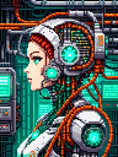 pixel art (cyborg integrated into huge machinery, cables attached to head, wires, tubes, steam:1.3), teal and orange lighting, (dark lighting:1.3), (masterpiece:1.2), best quality, colorful, (intricate details, hyperdetailed, highest detailed:1.2), high resolution textures