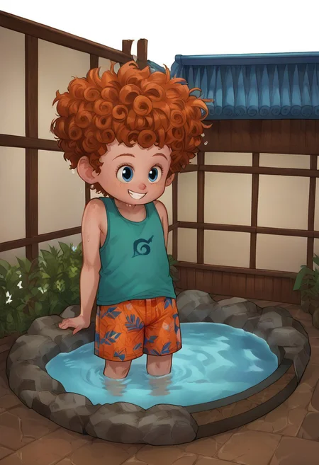 KamonStyle, anime-inspired art, vibrant and clean color palette, smooth shading, clean linework, detailed linework, isometric or dynamic perspective, expressive characters, attention to environmental details, storytelling-focused composition, full body of characters visible , score_9, score_8_up, score_7_up, highly detailed, cute boy, 1boy, solo, Dennis, Orange Hair, Curly Hair, Blue Eyes, Freckles, Green Tanktop, Orange Swim Trunks, sitting on edge of pool, feet in water, wet, smiling, Intricate linework, handcrafted feel, organic feel, layered textures, 2D animation