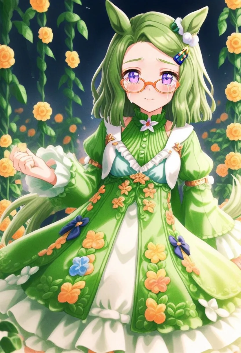 (candy coating dress ,air_messiah\(umamusume\)),
umamusume ,
highres ,
1girl , animal_ears , blue_dress , blush , crying , crying_with_eyes_open , dress , ear_ornament , flower , forehead , frilled_dress , frilled_sleeves , frills , glasses , green_hair , hair_ornament , hairclip , happy_tears , horse_ears , horse_tail , juliet_sleeves , leaf_print , light_smile , long_sleeves , looking_at_viewer , patterned_clothing , puffy_sleeves , purple_eyes , short_hair , simple_background , solo , tail , tears , unworn_eyewear , white_background , wiping_tears ,