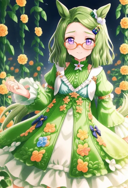 (candy  coating dress ,air_messiah\(umamusume\)),
umamusume , 
highres , 
1girl , animal_ears , blue_dress , blush , crying , crying_with_eyes_open , dress , ear_ornament , flower , forehead , frilled_dress , frilled_sleeves , frills , glasses , green_hair , hair_ornament , hairclip , happy_tears , horse_ears , horse_tail , juliet_sleeves , leaf_print , light_smile , long_sleeves , looking_at_viewer , patterned_clothing , puffy_sleeves , purple_eyes , short_hair , simple_background , solo , tail , tears , unworn_eyewear , white_background , wiping_tears ,