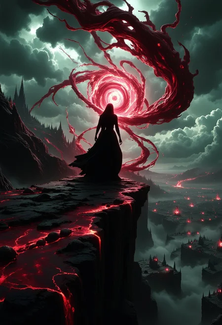 In the style of Brom (Dark Fantasy Illustrations) On a cliff overlooking a battlefield, a pale sorceress stands amidst swirling crimson magic, the sky above heavy with dark clouds. The scene is drenched in rich, saturated greens and deep blacks, with the light of poison magic casting an eerie glow over her gaunt, spectral form. The battlefield below is barely visible, shrouded in smoke and shadow, while the spirits of the dead rise around her like ethereal chains. The composition is dynamic, with the sorceress positioned off-center, her outstretched arms and swirling magic drawing the viewer’s eye upward into the stormy sky.