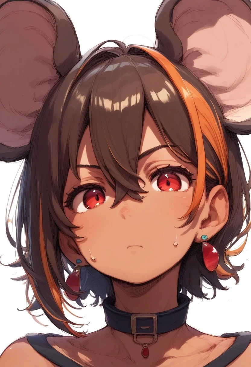 PonyScores7, source_anime, hi res, masterpiece, best quality, highres, Majo_PS, animal ears, brown hair, white background, simple background, 1girl, looking at viewer, red eyes, collar, collarbone, hair between eyes, jewelry, portrait, short hair, sweatdrop, closed mouth, ear piercing, mouse ears, dark skin, multicolored hair, bare shoulders, earrings