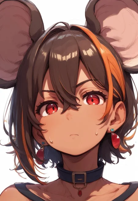 PonyScores7, source_anime, hi res, masterpiece, best quality, highres, Majo_PS, animal ears, brown hair, white background, simple background, 1girl, looking at viewer, red eyes, collar, collarbone, hair between eyes, jewelry, portrait, short hair, sweatdrop, closed mouth, ear piercing, mouse ears, dark skin, multicolored hair, bare shoulders, earrings