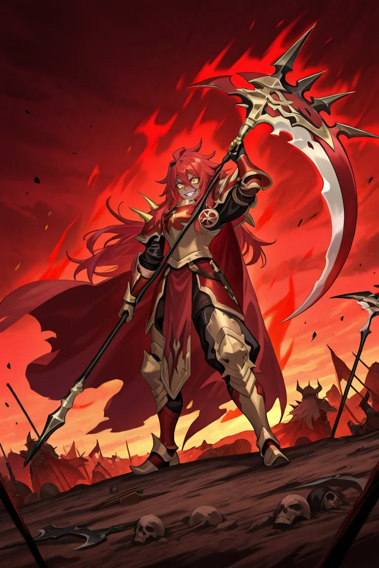 <lora:GulcasaIL:0.8>, guldef, (Guldem), dark skin, dark-skinned male, (1boy), red hair, long hair, hair between eyes, (yellow sclera), yellow eyes, (armor), full armor, spikes, shoulder armor, shoulder spikes, cape, red cape, pauldrons, gauntlets, greaves, full body, standing, evil, corrupted, evil smile, red aura, glowing aura, fiery aura, battle pose, holding scythe, arm up, wasteland, corpses, battlefield, solo, masterpiece, very aesthetic, absurdres, best quality, amazing quality, high resolution, detailed background, <lora:illustrious_quality_modifiers_masterpieces_v1:0.8> , <lora:ChamIllustriousBackgroundEnhancer:0.5>