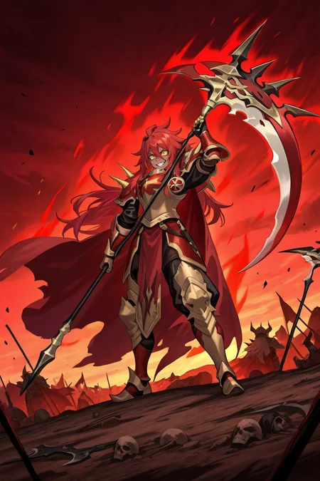 <lora:GulcasaIL:0.8>, guldef, (Guldem), dark skin, dark-skinned male, (1boy), red hair, long hair, hair between eyes, (yellow sclera), yellow eyes, (armor), full armor, spikes, shoulder armor, shoulder spikes, cape, red cape, pauldrons, gauntlets, greaves, full body, standing, evil, corrupted, evil smile, red aura, glowing aura, fiery aura, battle pose, holding scythe, arm up, wasteland, corpses, battlefield, solo, masterpiece, very aesthetic, absurdres, best quality, amazing quality, high resolution, detailed background, <lora:illustrious_quality_modifiers_masterpieces_v1:0.8> , <lora:ChamIllustriousBackgroundEnhancer:0.5>