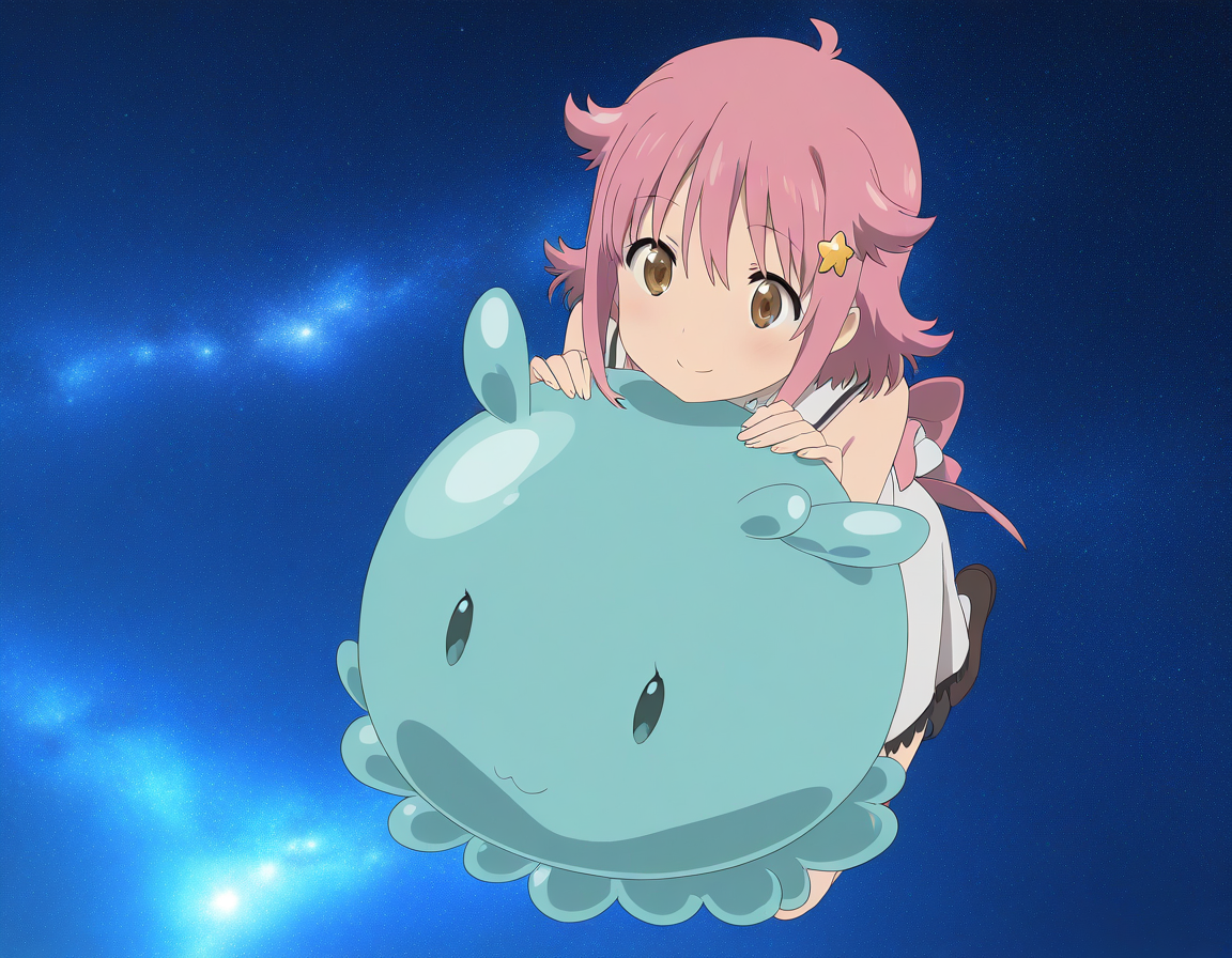 general,highres, ultra-detailed,very aesthetic,best quality ,best hands,  BREAK <lora:Subaru_Houkago_no_Pleiades_IS:0.9>subaru(Pleiades), 1girl, solo, pink hair, short hair, brown eyes, star hair ornament, anime coloring, smile, 
BREAK, hold,
 <lora:kaicyou_Houkago_no_Pleiades_IS:0.8>kaicyou(Pleiades), sphere, slime (creature), full body, black eyes, creature, blue theme, anime coloring, no humans, sphere, 
galaxy,