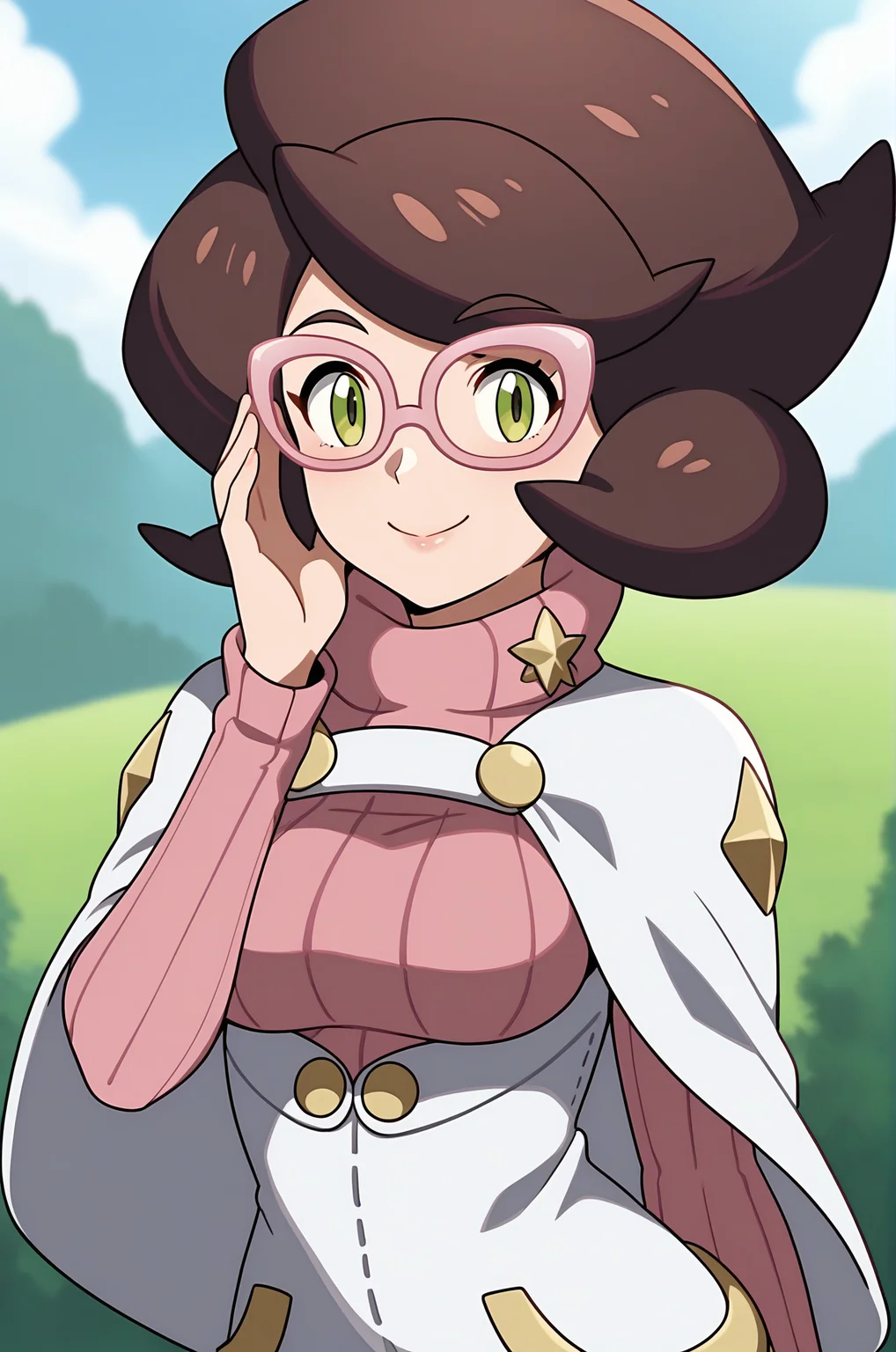 score_9, score_8_up, score_7_up, source anime, anime, animification, anime screencap, anime coloring, vivid colors, shiny skin, skindentation, deep skin, depth of field, high quality, highres, (dynamic angle,dynamic pose)
wicke \(pokemon\), 1girl, solo, looking at viewer, smile, short hair, brown hair, long sleeves, closed mouth, green eyes, upper body, glasses, hand up, sweater, capelet, buttons, turtleneck, ribbed sweater, turtleneck sweater, white coat, adjusting eyewear, big hair, pink sweater, pink-framed eyewear
BREAK
masterpiece,high quality
<lora:Wicke_PokemonPony:0.8>