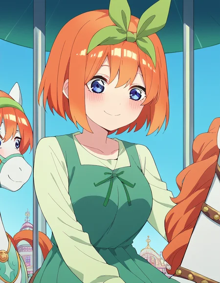 score_9, score_8_up, score_7_up, source_anime, <lora:yotsuba-nakano-s2-ponyxl-lora-nochekaiser:1>, yotsuba nakano, bangs, short hair, blue eyes, hair between eyes, hair ribbon, hairband, orange hair, green ribbon, large breasts,, <lora:carousel-ponyxl-lora-nochekaiser:1>, carousel, sitting, riding,, blush, smile, casual dress, solo,,