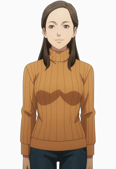 score_9, score_8_up, score_7_up, source_anime, BREAK 1girl, solo, cowboy shot, white background,  <lora:DX888Misaki:1>, shimizu misaki, brown hair, brown eyes, half updo,   anime screencap, knees together feet apart, standing,  turtleneck sweater, ribbed sweater,  pants,  smile,