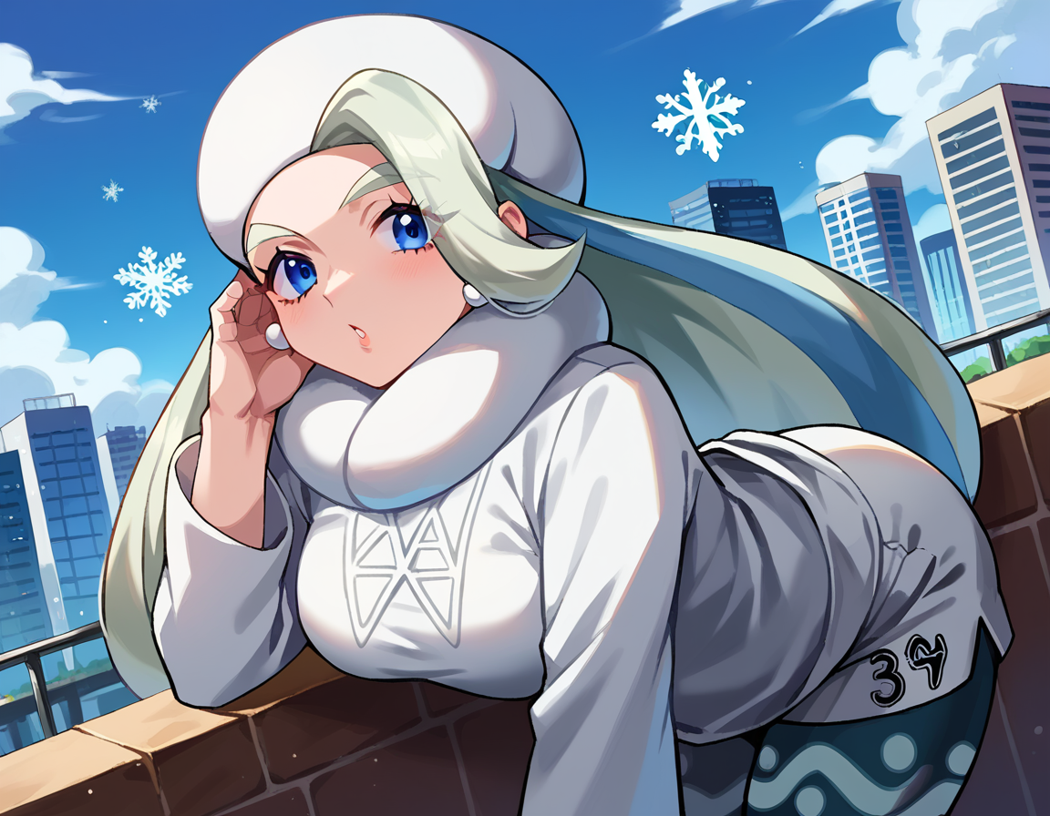 score_9, score_8_up, score_7_up, source_anime,
pokemonmelony, <lora:pokemon-melony-ponyxl-lora-nochekaiser:1>
pokemonmelony, blue eyes, eyelashes, long hair, multicolored hair, streaked hair, grey hair,
earrings, gloves, hat, jewelry, long sleeves, pantyhose, pantyhose under shorts, scarf, shorts, single glove, snowflakes, sweater, white headwear, white scarf, white sweater,
outdoors, cityscape, bent over,
looking at viewer, cowboy shot, dutch angle,