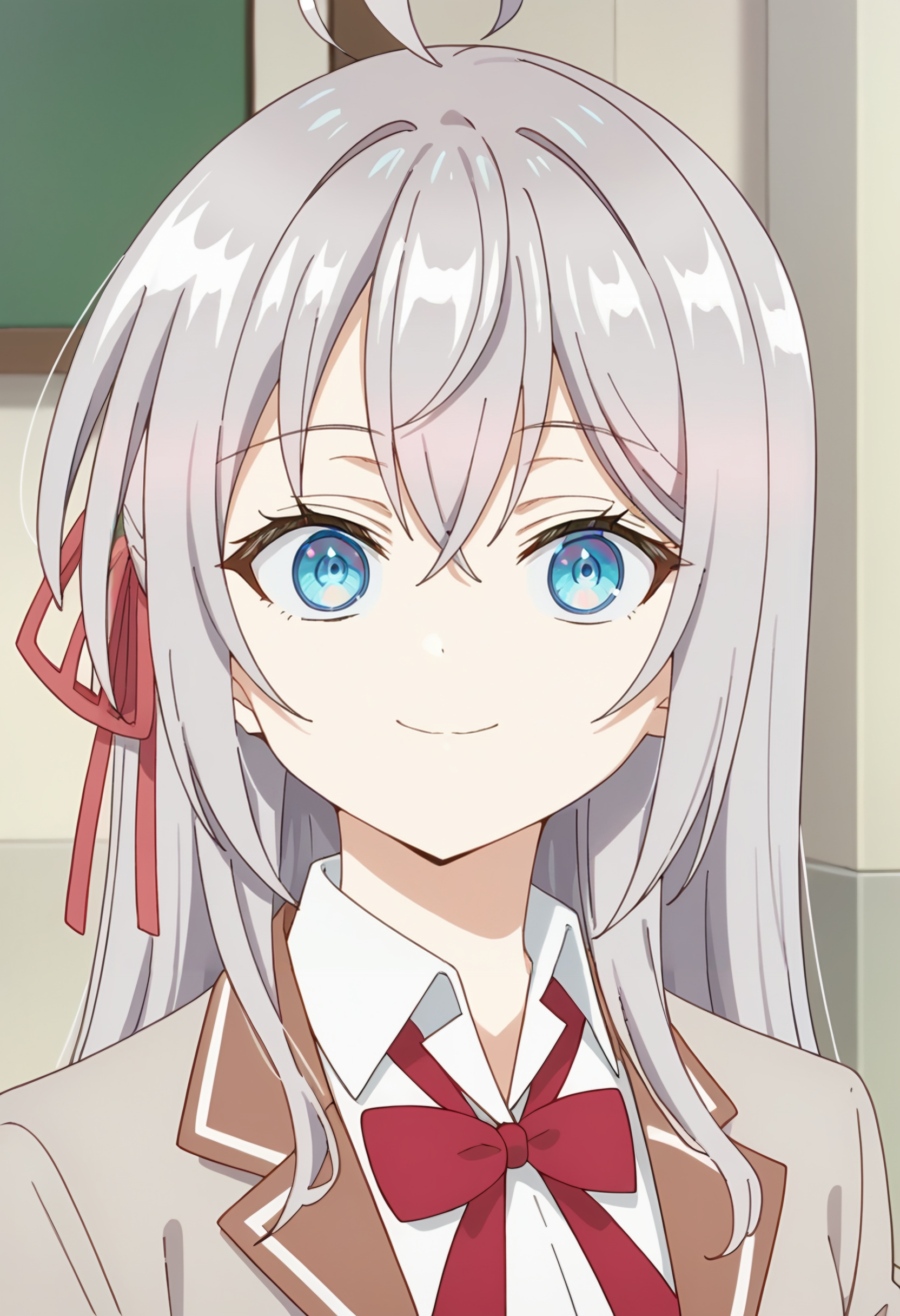 <lora:Alisa Mikhailovna:0.8>  alisa mikhailovna, long hair, 1girl, grey hair, solo, blue eyes, hair between eyes, hair ribbon, red ribbon, crossed bangs, ahoge,    , white shirt, jacket, school uniform, brown jacket, collared shirt, bowtie, looking at viewer, smile, upper body, score_9, score_7_up,anime coloring ,source_anime, anime