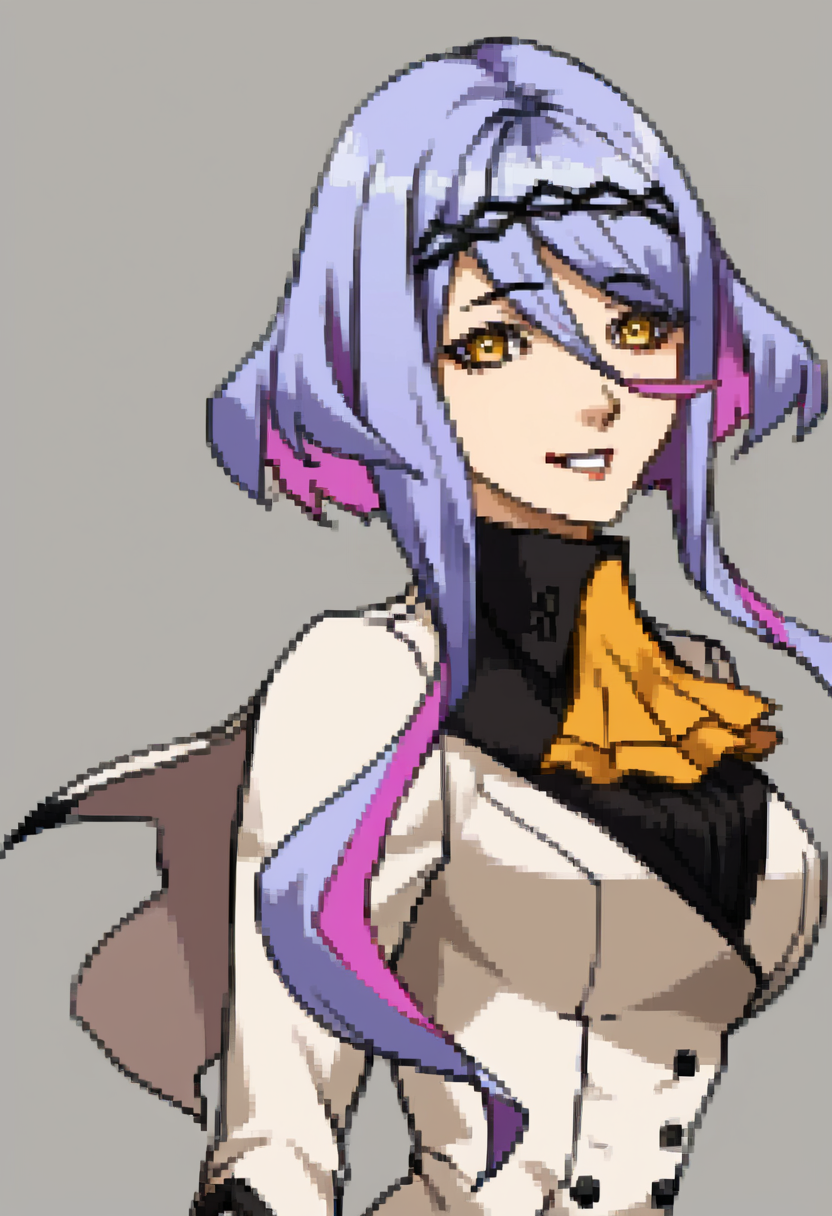 score_9, score_8_up, score_7_up, source_anime, BREAK ,solo, 1girl, <lora:P2-Protraits-pdxl_Fp:1>, portrait, simple background, <lora:figue-sh2-richy-v1_pdxl:1>, figue, yellow eyes, purple hair, multicolored hair, hairband, hair between eyes, sidelocks, yellow ascot, white coat, long sleeves, black shirt, half gloves, black gloves, large breasts, smile,