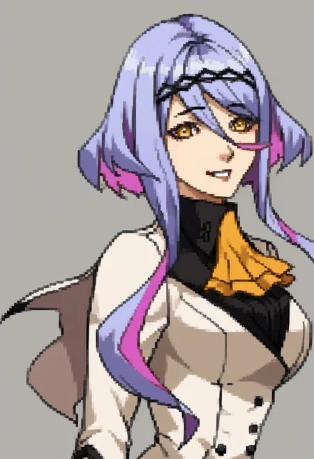 score_9, score_8_up, score_7_up, source_anime, BREAK ,solo, 1girl, <lora:P2-Protraits-pdxl_Fp:1>, portrait, simple background, <lora:figue-sh2-richy-v1_pdxl:1>, figue, yellow eyes, purple hair, multicolored hair, hairband, hair between eyes, sidelocks, yellow ascot, white coat, long sleeves, black shirt, half gloves, black gloves, large breasts, smile,