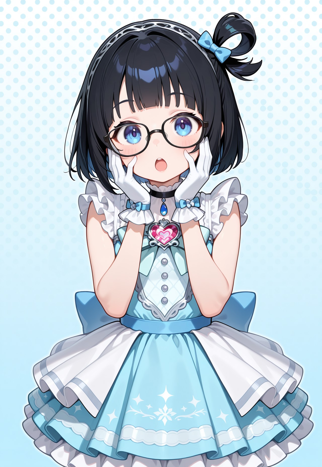 masterpiece,extremely detailed,best quality,amazing quality,newest,absurdres,highres, 1girl, adult, solo, bob cut, one side up and single hair ring, black_hair,wearing glasses , littlemycinderella, gloves,  white gloves, blue dress, bow,  sleeveless, sleeveless dress, frills, heartbrooch, (a_little_surprised:0.6), open mouth, holding own face in both hands, , BREAK Polka-dot background, cowboy_shot
