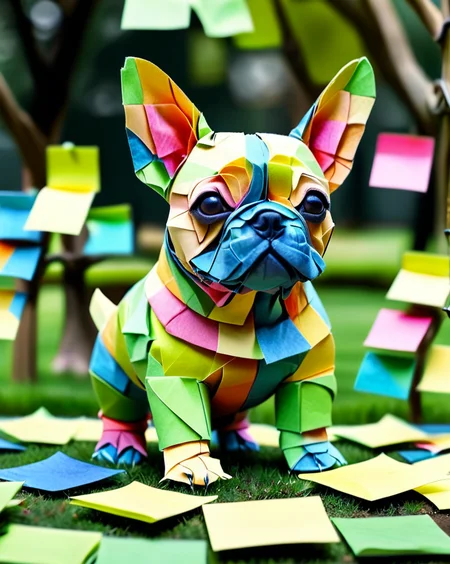 a colorful french bulldog puppy made out of Jed-StickyN, dynamic pose, dynamic angle, intricate details, ultra wide shot, zoomed out, shallow depth of field,
<lora:StickyNotesStyle:1>, <lora:add-detail-xl:0.5>, <lora:sd_xl_dpo_lora_v1:1>, set in a green dog park made of paper, <lora:TQ_-_Fairy_Tale_Origami_Paintings:0.7>