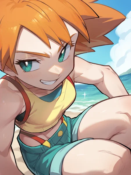 score_9, score_8_up, score_7_up, score_6_up, score_5_up, score_4_up, BREAK, source_anime, 1girl, misty \(pokemon\), orange hair, wearing a yellow crop top and a short shorts, smirk, sea, blue sky, sand, tropical island background <lora:Hata4564XL:1>