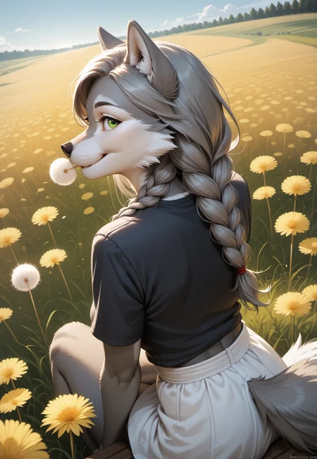 score_9, score_8_up, score_7_up, score_6_up,  female Anthro, White Cheeks, gray fur, green eyes, beautiful eyes, wolf tail, Gray Long Hair, Swept Bangs, Gray Twinbraids, on field, dandelion in mouth, yellow dandelion flower, biting dandelion, sideview, sitting in gras, meadow, golden hour, smile, from above, looking at viewer