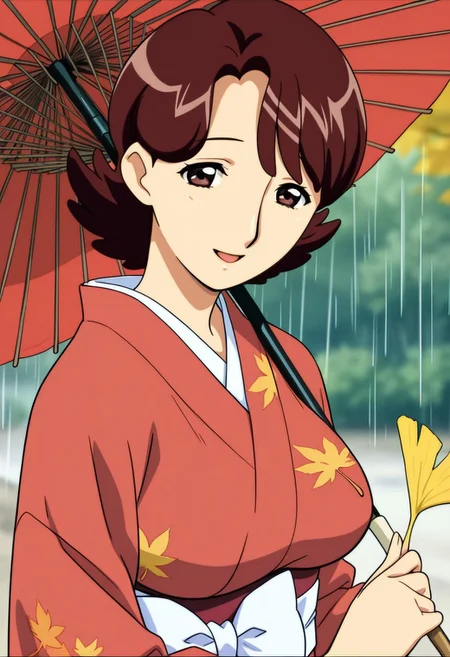 best quality, masterpiece, anime screencap, anime coloring, ultra detailed, source_anime, intricate details, perfect anatomy, 1girl, solo, looking at viewer,
harukaze haruka, brown hair, short hair, flipped hair, bangs, parted bangs, brown eyes, breasts, large breasts, mature female,
oil-paper umbrella, umbrella, holding umbrella, parasol, red umbrella, leaf, maple leaf, autumn leaves, holding leaf, falling leaves, japanese clothes, solo, autumn, kimono, bow, white bow, rain, holding, smile, sash, beach umbrella, transparent, obi, upper body, open mouth, ginkgo leaf, leaf umbrella, brown eyes, leaf print, looking at viewer, wide sleeves, blurry, long sleeves,