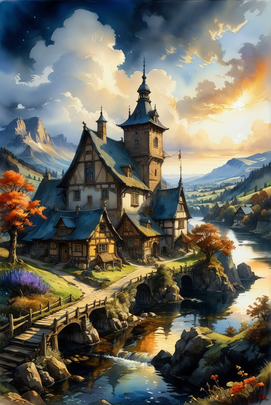 A hyper-realistic, ultra-detailed watercolor painting featuring a fantastical landscape with a village at the end of time. The scene has a perfect composition and chiaroscuro inspired by Rembrandt, with concept art elements by Mariusz Lewandowski, Louis Aston Knight, Karine Eibatova, John Howe, Jessica Rossier, JarosÅaw JaÅnikowski, Inessa Garmash, HenriÃ«tte Ronner-Knip, and Harumi Hironaka. The painting is vibrant, beautiful, painterly, detailed, and textural.
Watercolor painting, masterpiece, best quality, hyper detailed, ultra realistic, 32k, RAW photo, landscape, fantasy, village at the end of time, perfect composition, chiaroscuro by Rembrandt, concept art, vibrant, beautiful, painterly, detailed, textural, artistic, Rembrandt, Mariusz Lewandowski, Louis Aston Knight, Karine Eibatova, John Howe, Jessica Rossier, JarosÅaw JaÅnikowski, Inessa Garmash, HenriÃ«tte Ronner-Knip, Harumi Hironaka.
<lora:add-detail-xl:1.0>,
<lora:EnvyBetterHiresFixXL01:1.0>,
<lora:extremely_detailed:1.0>, extremely detailed,
<lora:EldritchMixIllustration_1.1:0.6>,
<lora:watercolor:0.4> watercolor,
<lora:EnvyInkSwirlXL01:0.25> swirling ink,