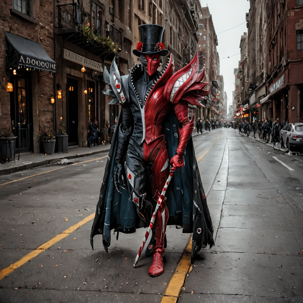score_9, score_8_up, score_7_up, rating_safe,photo,realistic,cinematic,DLSR,HDR,film grain, zPDXLrl,solo,1boy,abbadomon core,antenna, <lora:AbbadomonCorePony:1>, cape,full body,walking,outdoors,holding cane,top hat,monocle,cane,building,city,sidewalk