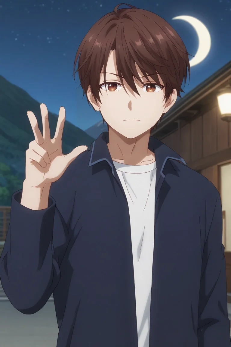 score_9, score_8_up, score_7_up, , rating_safe, , anime screencap, , official style, looking at viewer, , 1boy, solo, male focus, <lora:yuuta_kadowaki_pony:0.94>, yuuta_kadowaki, brown hair, brown eyes, short hair, bangs, hair between eyes, wide angle, wide shot, full body, mountaintop city, night, crescent moon, victory pose, wavy mouth, , <lora:sdxl_lightning_8step_lora:1>