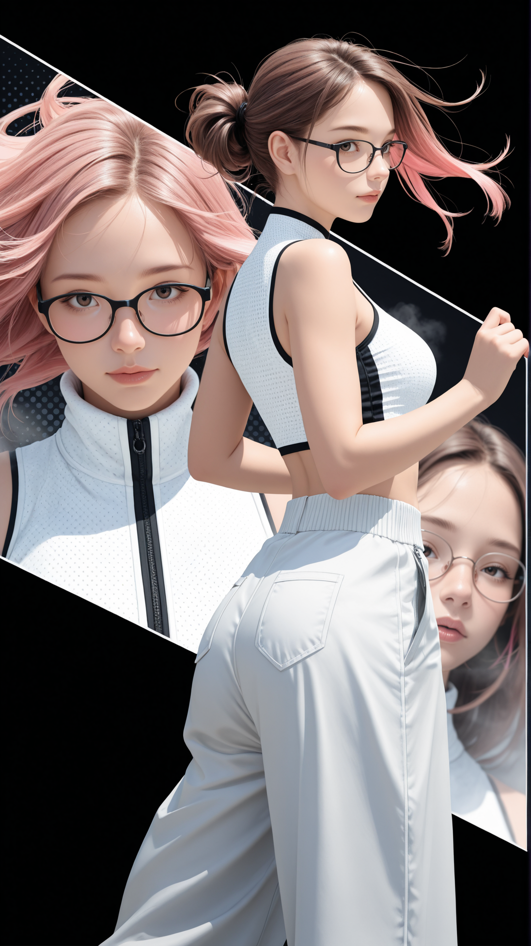 1girl, woman, 
masterpiece, best quality, high quality, absurdres, very aesthetic, 8k, depth of field, subject focus, face_focus, detailed eyes, looking at viewer, 
black background, fog, neon backlight, halftone background, giant square,
sirene expression, floating hair,
multi view, side view, front view, back view, 
skin pressed, dynamic posing,
brown hair, pink hair, glasses, hair, messy ponytail, zipper-top, wide trousers, bare midriff, 
futuristic, modern,
dancing