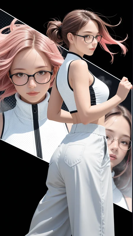 1girl, woman,
masterpiece, best quality, high quality, absurdres, very aesthetic, 8k, depth of field, subject focus, face_focus, detailed eyes, looking at viewer,
black background, fog, neon backlight, halftone background, giant square,
sirene expression, floating hair,
multi view, side view, front view, back view,
skin pressed, dynamic posing,
brown hair, pink hair, glasses, hair, messy ponytail, zipper-top, wide trousers, bare midriff,
futuristic, modern,
dancing