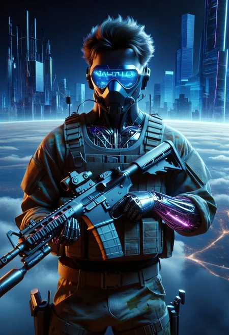 score_9, score_8_up, score_7_up, score_6_up, score_5_up, score_4_up, masterpiece, trending on artstation, high quality, Pixel-perfect precision, pristine detail, 8K resolution, high fidelity, Insane quality, <lora:Holding_Weapon_Lora_-_For_Pony_models:1> ho1ding-weap0n, 1boy, holding rifle, military, standing, wearing tank top, cyberpunk