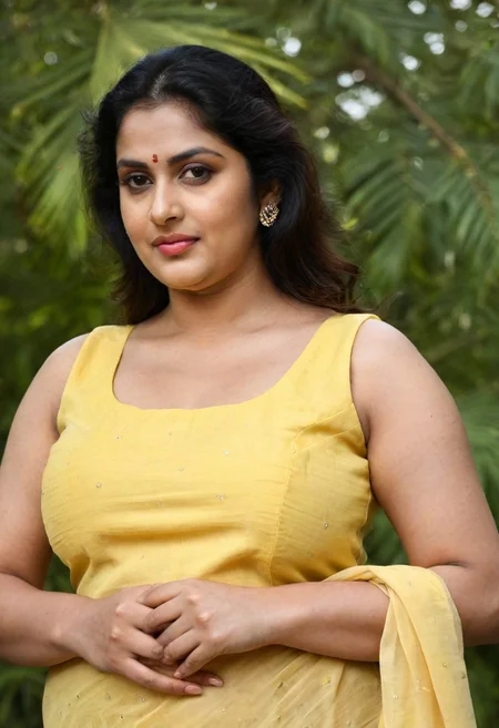 desiAuntyStyle, Voluptuous Indian woman, woman is wearing a yellow sleeveless salwar, thick woman, standing in a park, beautiful model, closeup
<LCMTurboMix2Fix:1>