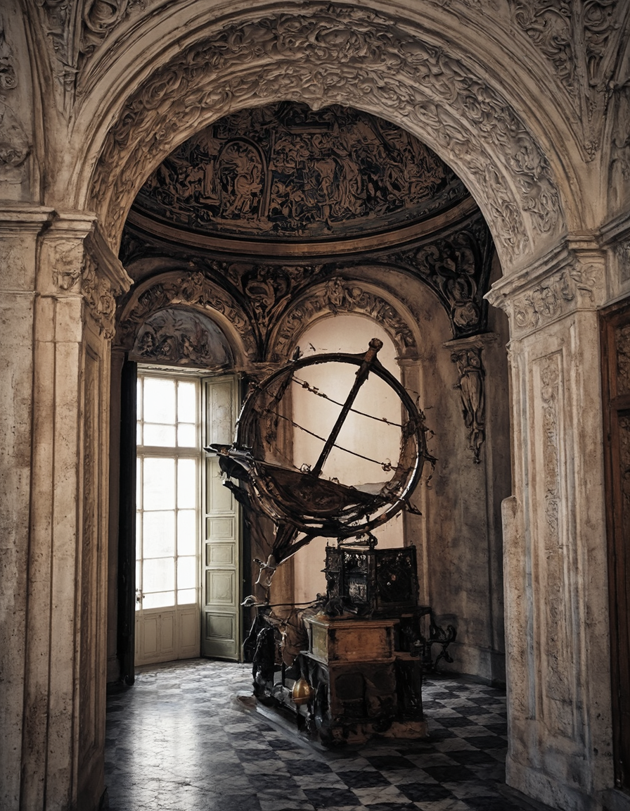 <lora:Home_R01fluxb:1> homer01, Astronomical instrument, Baroque architecture, European palace, sculptural elements, atmospheric setting, medieval craftsmanship,