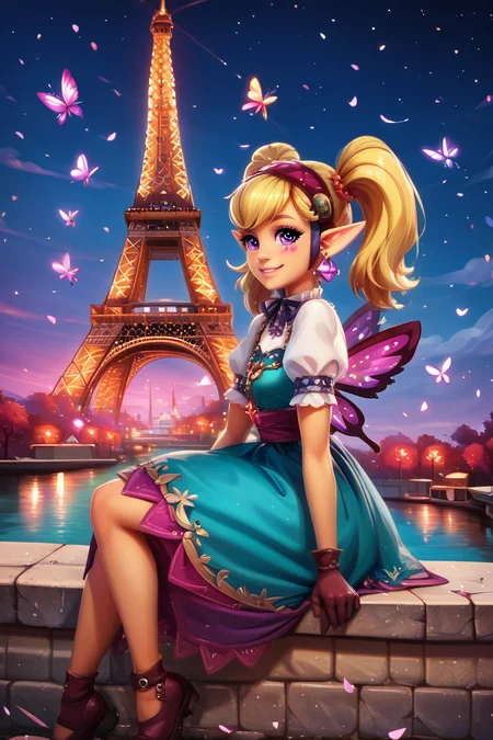 score_9, score_8_up, score_8, medium breasts, (curvy), cute, eyelashes, BREAK, , <lora:Agitha_Zelda_PDXL:0.8>, zzAgitha, purple eyes, blonde hair, twintails, pointy ears, jewelry, earrings, gloves, dress, butterfly wings, , BREAK, zzEiffelTower in background, sitting, watercraft, boat, sitting on wall, side view, looking at viewer, smile, BREAK, blooming stars, luminescent petals, otherworldly fragrance blurry background, embedding:zPDXL, Expressiveh, <lora:EiffelTowerPDXL:1.0>, <lora:CatalystStylePDXL:0.6>, <lora:SDXLFaeTastic2400:0.5>, <lora:Expressive_H-000001:0.4>,