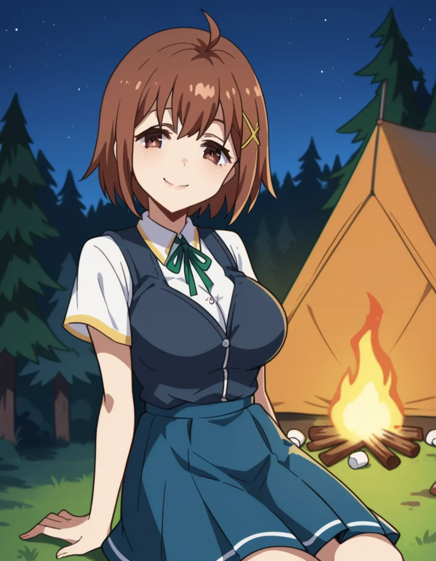 score_9, score_8_up, score_7_up, source_anime, <lora:nimi-minimi-s1-ponyxl-lora-nochekaiser:1>, nimi minimi, short hair, large breasts, brown hair, hair ornament, brown eyes, ahoge, x hair ornament, skirt, school uniform, blue skirt, short sleeves, collared shirt, ribbon, green ribbon,, camping, bonfire, tent, stargazing, marshmallows, forest clearing, night, smile, looking at viewer, smug, solo,, cowboy shot, dutch angle