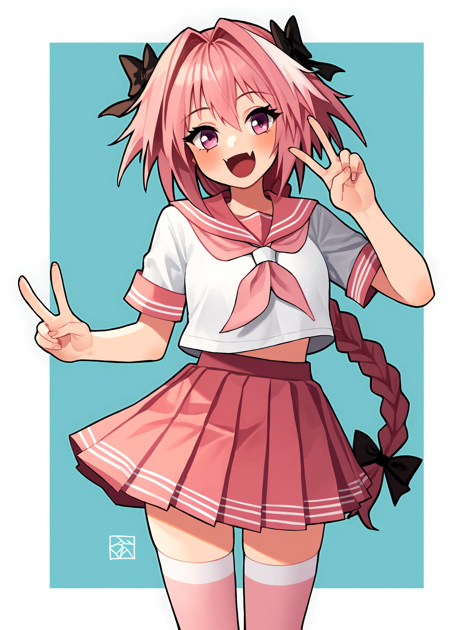score_9, score_8_up, score_7_up, score_6_up, score_5_up, score_4_up, rating_safe
BREAK
astolfo \(fate\), otoko no ko, pink hair, braid,
BREAK
solo, standing, pink serafuku, white shirt, pink thighhighs, pink skirt, peace sign,
BREAK
white background, <lora:Lunas-Poch4n-SDXL-A1:1>