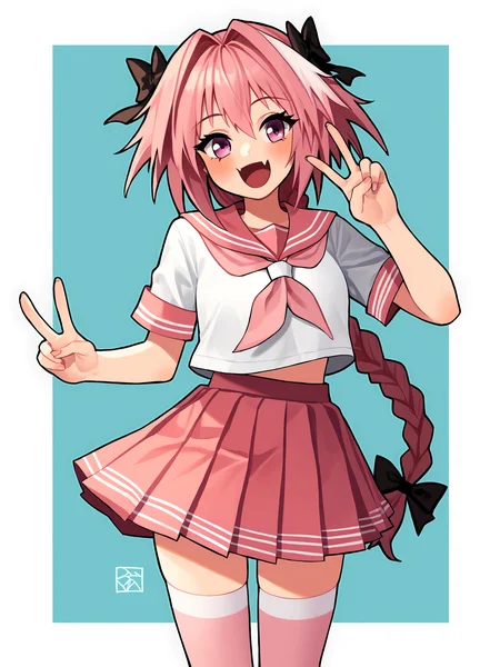 score_9, score_8_up, score_7_up, score_6_up, score_5_up, score_4_up, rating_safe
BREAK
astolfo \(fate\), otoko no ko, pink hair, braid,
BREAK
solo, standing, pink serafuku, white shirt, pink thighhighs, pink skirt, peace sign,
BREAK
white background, <lora:Lunas-Poch4n-SDXL-A1:1>