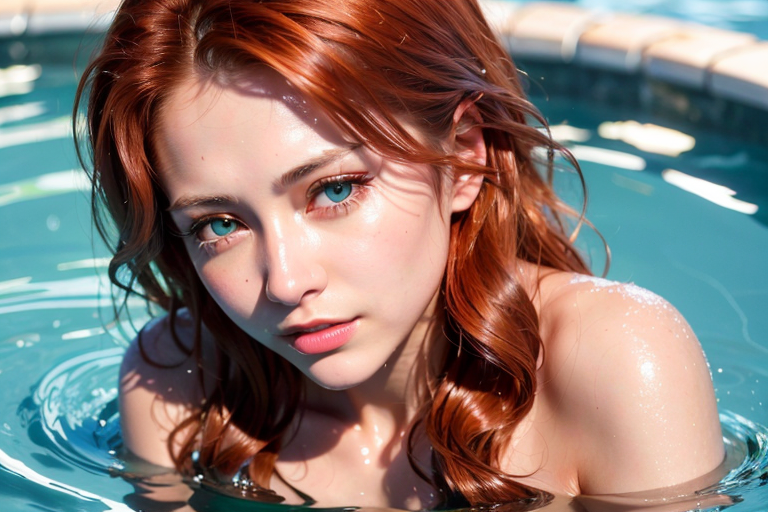 Russian, <lora:RussianDoll2:0.4>, (best quality, ultra high res, raw photo, masterpiece, extremely detailed photograph), (photorealistic:1.4), 1girl, (nudes), light smile, solo focus, upper body, looking at viewer, close up, pool, half-submerged in water,  <lora:eyeLora_eyesV10:0.4>, auburn hair, blue eyes, from above, (wavy hair)