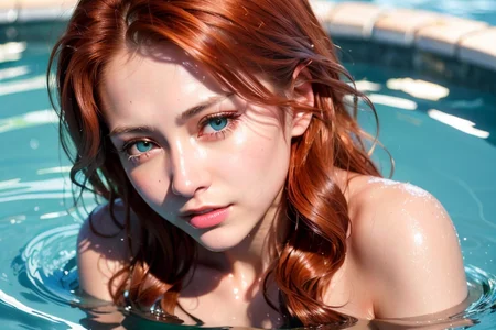 Russian, <lora:RussianDoll2:0.4>, (best quality, ultra high res, raw photo, masterpiece, extremely detailed photograph), (photorealistic:1.4), 1girl, (nudes), light smile, solo focus, upper body, looking at viewer, close up, pool, half-submerged in water, <lora:eyeLora_eyesV10:0.4>, auburn hair, blue eyes, from above, (wavy hair)