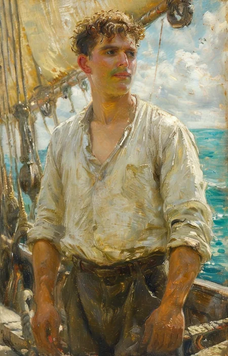 masterpiece,best quality,<lora:tbh239-sdxl:0.9>,illustration,style of Henry Scott Tuke portrait of noble man