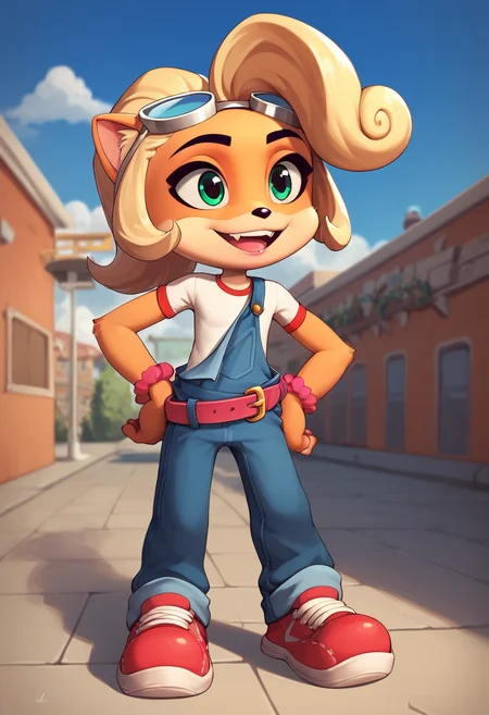 PonyXLV6_Scores,source_anime,masterpiece,best quality, highly detailed, perfect anatomy,amazing quality,
BREAK
<lora:coco:0.8>coco, smile, furry, solo, sky, shoes, teeth, open mouth, day, blue sky, outdoors, belt, green eyes, happy, eyewear on head, standing, blonde hair, pants, 1boy, cloud, animal ears, red footwear, shirt, full body, overalls, sneakers, male focus, animal nose, holding, body fur, two-tone fur, furry female, short hair