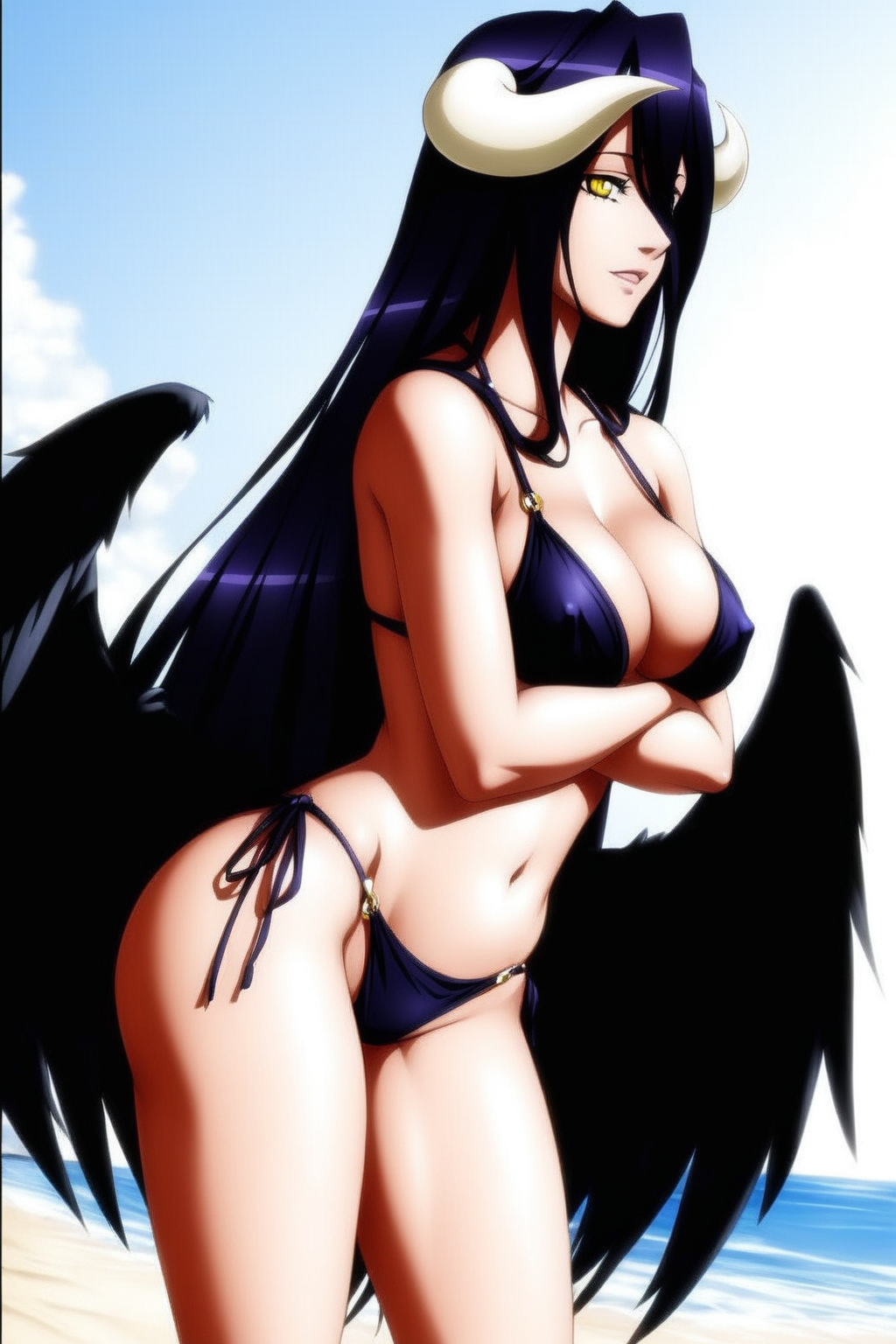 <lora:SlimesAlbedo-000004:1>,  slimes_albedo, woman, solo, black wings, beach background