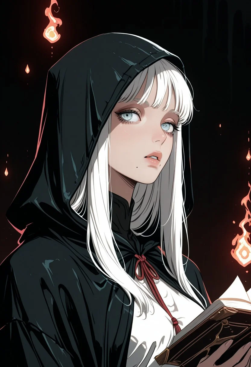 masterpiece,best quality,amazing quality,very aesthetic,absurdres, newest, anime coloring, 1girl, upper body, white hair, long hair, bangs, looking at viewer, light blue eyes, parted lips, mole under mouth, black cloak, open book, holding book, dark background, hood up, looking to the side, looking at viewer, <lora:dark_art_style_illustriousXL:0.7> dark_art_style, k4l1s4m111