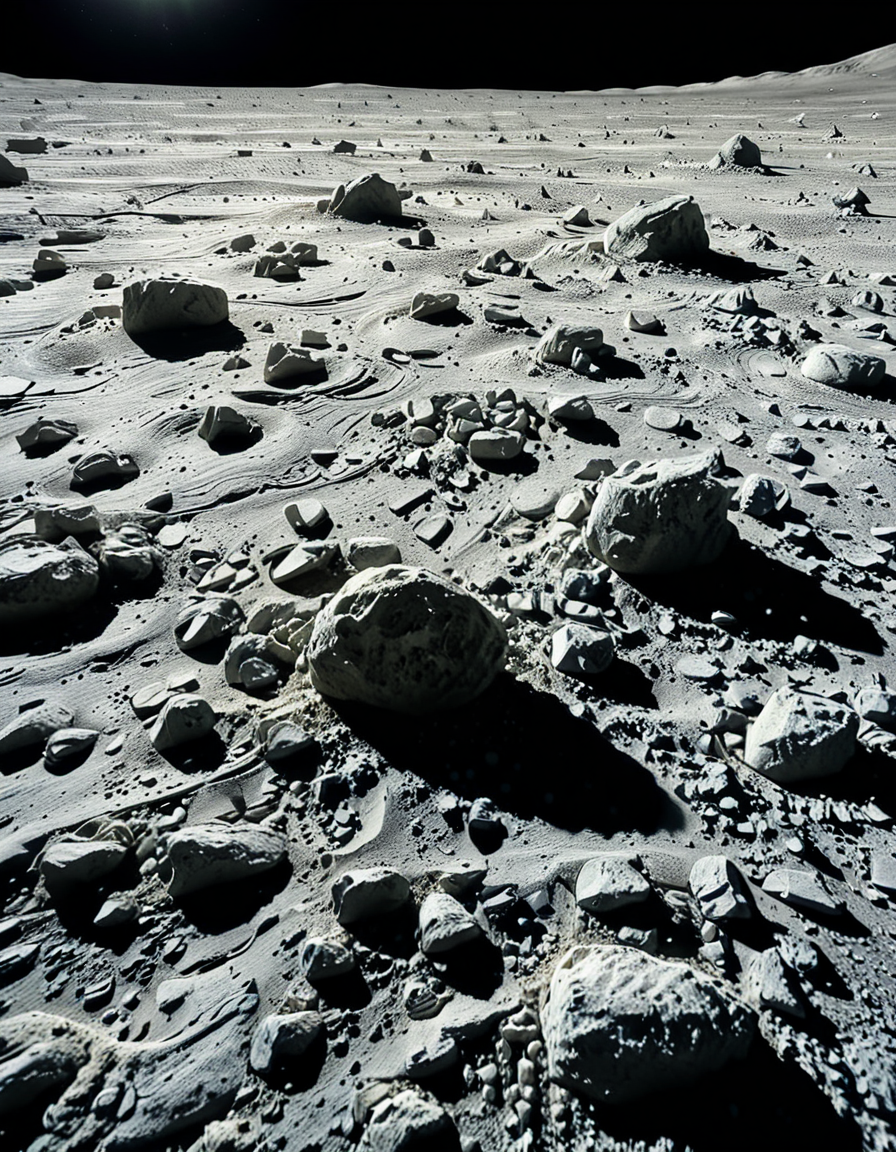 A high-resolution photograph of the Moon's surface, showcasing its rocky, cratered terrain with fine lunar dust. The foreground is dominated by detailed lunar regolith, with small rocks and uneven textures illuminated by the harsh, direct sunlight. Shadows are sharp and deep due to the lack of atmosphere. In the background, Earth appears as a vibrant blue and white sphere, partially illuminated, contrasting against the blackness of space. The composition is balanced, with Earth positioned slightly off-center to create a sense of depth and scale. The lighting is natural, with the Sun casting a bright glow on the lunar surface while leaving some areas in darkness, emphasizing the stark and desolate beauty of the Moon.
<lora:SDXLFaeTastic2400:0.4> <lora:extremely_detailed:0.4> extremely detailed, <lora:moon_surf4c3_v2:1>,moon surf4c3, Masterpiece,best quality,hi res,8k,hi res,8k,award winning,(sharp focus, intricate, highly detailed),