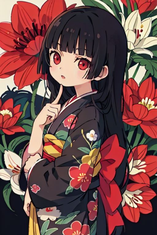 enma ai, hair down, hair black, bangs, eyes red, masterpiece, best quality, ultra-detailed, illustration, 1girl, solo, highres, photorealistic, ultra high res, (Original illustration composition), (fusion of limited color, Maximalism artstyle, kimono obi fashion, double exposure, background, illustration, Amazing, lily spider, night darkness, open one's mouth, finger, flowers red, (polychromatic peony:1.15), Movie poster,
