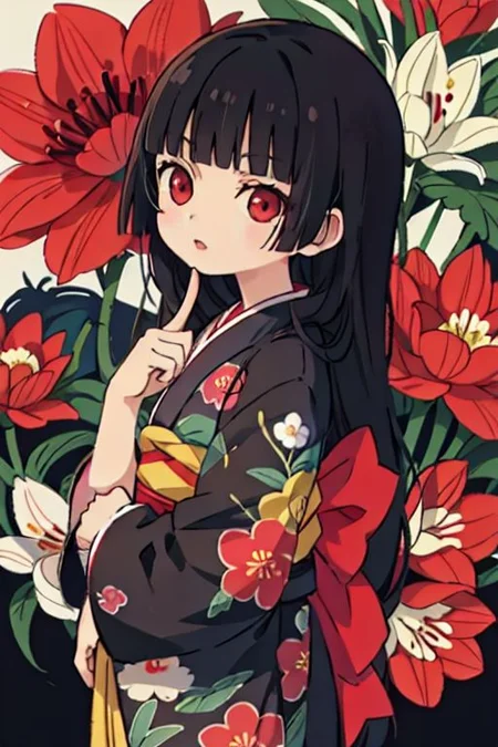 enma ai, hair down, hair black, bangs, eyes red, masterpiece, best quality, ultra-detailed, illustration, 1girl, solo, highres, photorealistic, ultra high res, (Original illustration composition), (fusion of limited color, Maximalism artstyle, kimono obi fashion, double exposure, background, illustration, Amazing, lily spider, night darkness, open one's mouth, finger, flowers red, (polychromatic peony:1.15), Movie poster,