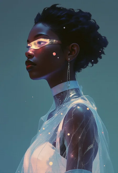 (High Quality, highly detailed, hyper realistic, 8K, masterpiece, Leica M11, 50mm f/1.2 lens, cinematic lighting, natural bokeh) A high-resolution photograph featuring a stylized, minimalist portrait of a person with dark skin. The subject’s face is obscured by a thin, transparent, and intricate lace-like material that extends from the forehead to the chin, producing a glowing veil effect. Their hair is slicked back and dark, closely merging with a deep charcoal gray background. The glow of the veil subtly outlines the contours of the head, creating soft contrast. The subject’s body is also enveloped in the same ethereal material, which cascades over the shoulders and chest, forming an abstract, armor-like configuration. The material, a luminous shade of pale cyan, displays a web-like mesh of delicate interwoven filaments. It’s translucent, revealing the shape and tension of the upper torso beneath. The light appears to emanate softly from the material itself, casting a gentle ambient glow across the collarbones and edges of the garment. The image is framed as a centered medium close-up, emphasizing the interplay of texture and light. The background remains solid, dark gray, reinforcing the luminous presence of the subject. The color palette is restricted to muted monochromes with highlights of pale cyan. The mood is futuristic and enigmatic.