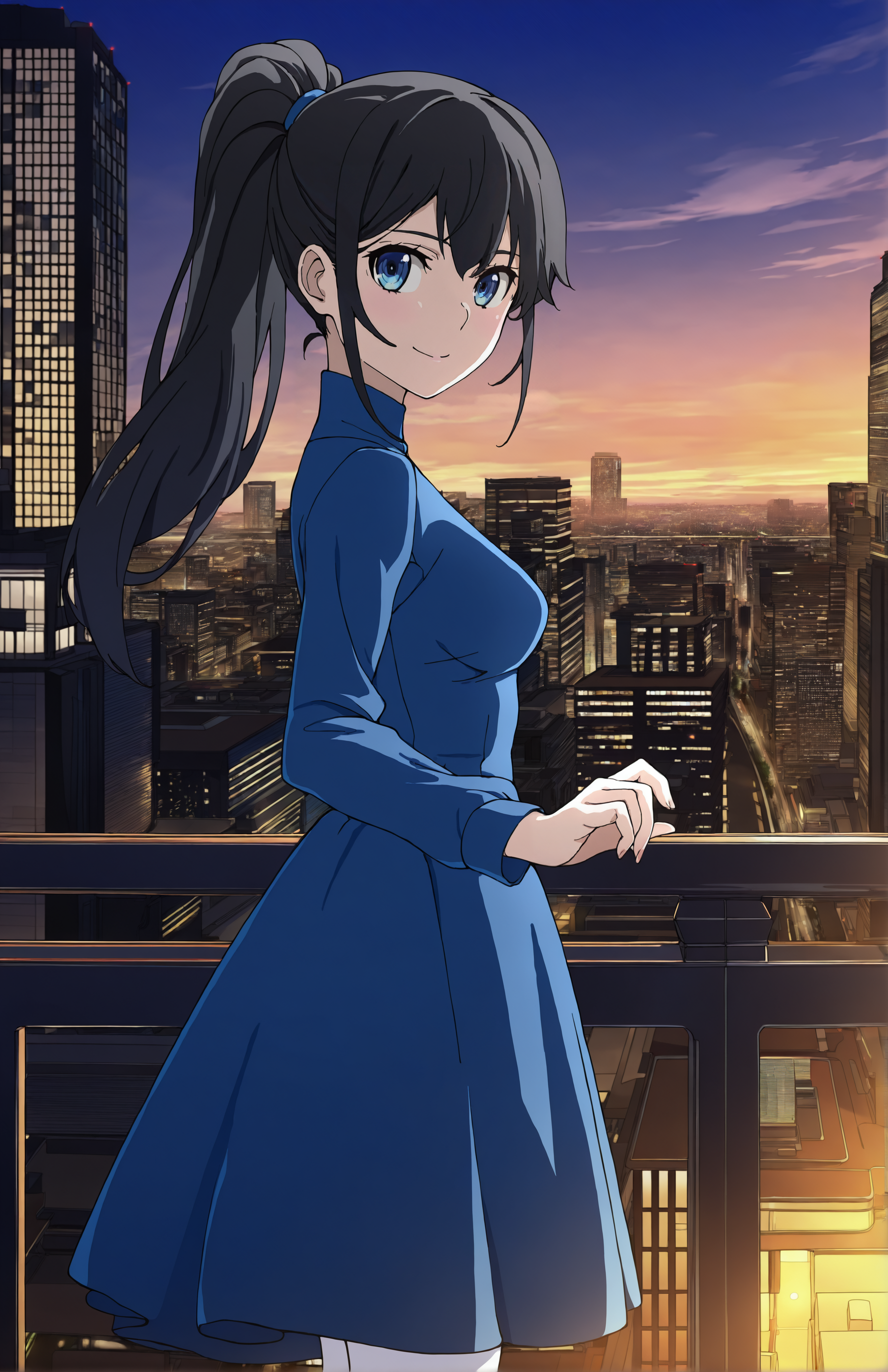 ChaikaStyle, 1girl, solo, black hair, long hair, ponytail, blue eyes, medium breast, evening dress, blue dress, night time, smile, side view, looking at viewer, portrait, city, urban, white pantyhose, standing, outstretched arm