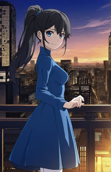 ChaikaStyle, 1girl, solo, black hair, long hair, ponytail, blue eyes, medium breast, evening dress, blue dress, night time, smile, side view, looking at viewer, portrait, city, urban, white pantyhose, standing, outstretched arm