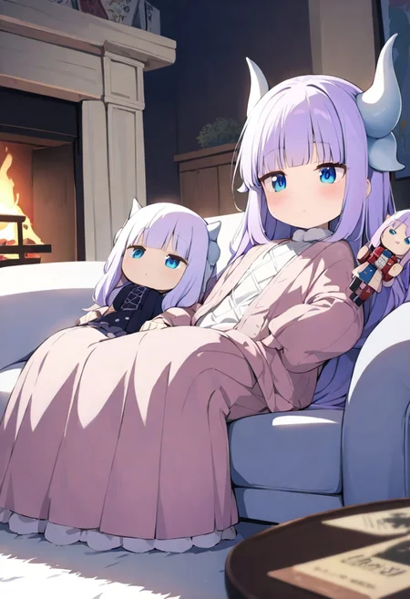 masterpiece, (Best quality:1.2), highres, (scenary:1.2), Dynamic light,, wooden,, living room,, Kanna_Kamui,, long hair, bangs, blue eyes, light purple hair, hair beads, dragon horn, horns,, holding a nutcracker, doll on the lap, fireplace flickering,, white ottoman sofa, sitting, lying on the sofa,, fluffy pillows, white carpet, flowers, lights,,